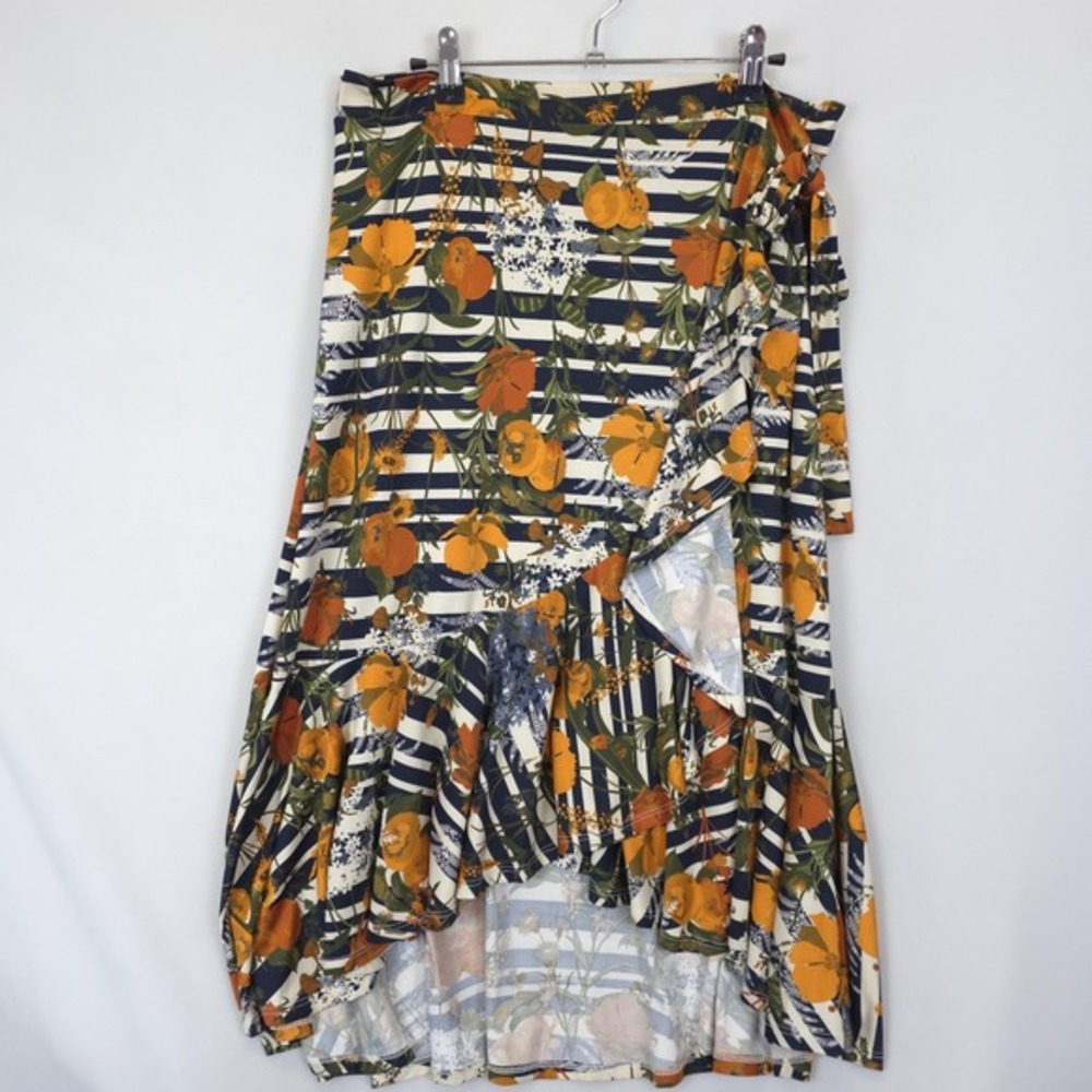 Artsy Boho Floral Stripe Wrap Maxi Skirt Orange Navy High Low Ruffle Hem Women L